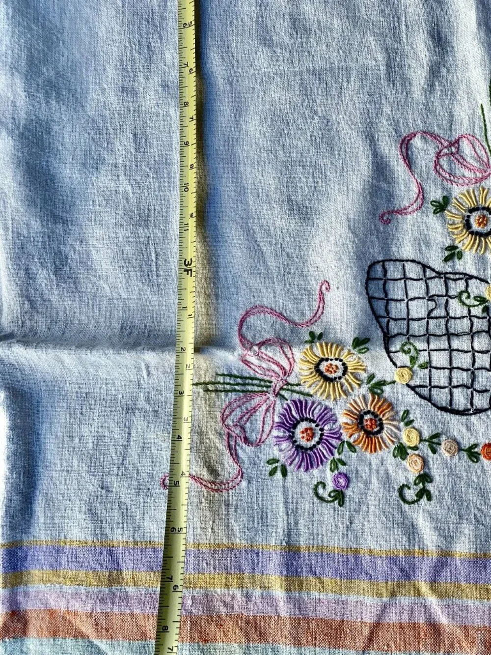 Antique Embroidered Tablecloth Floral Flowers Pastel Stripes Cross Stitch Summer